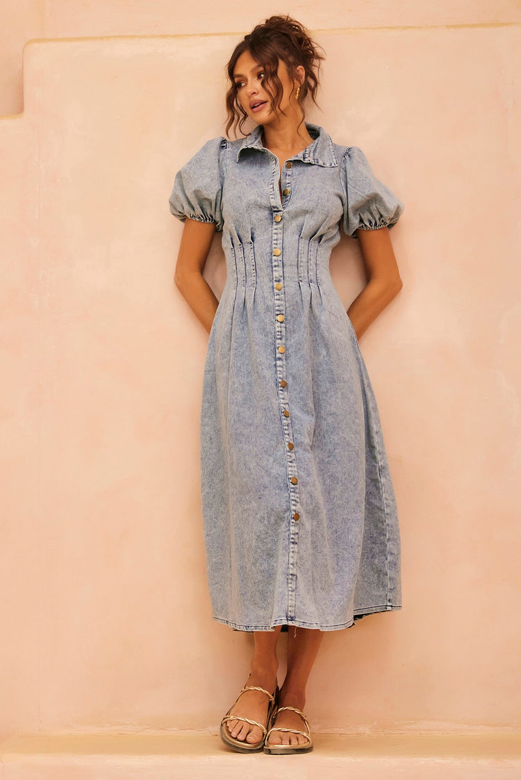 Amber Denim Midi Dress - Washed Blue | Sage and Paige AUS.