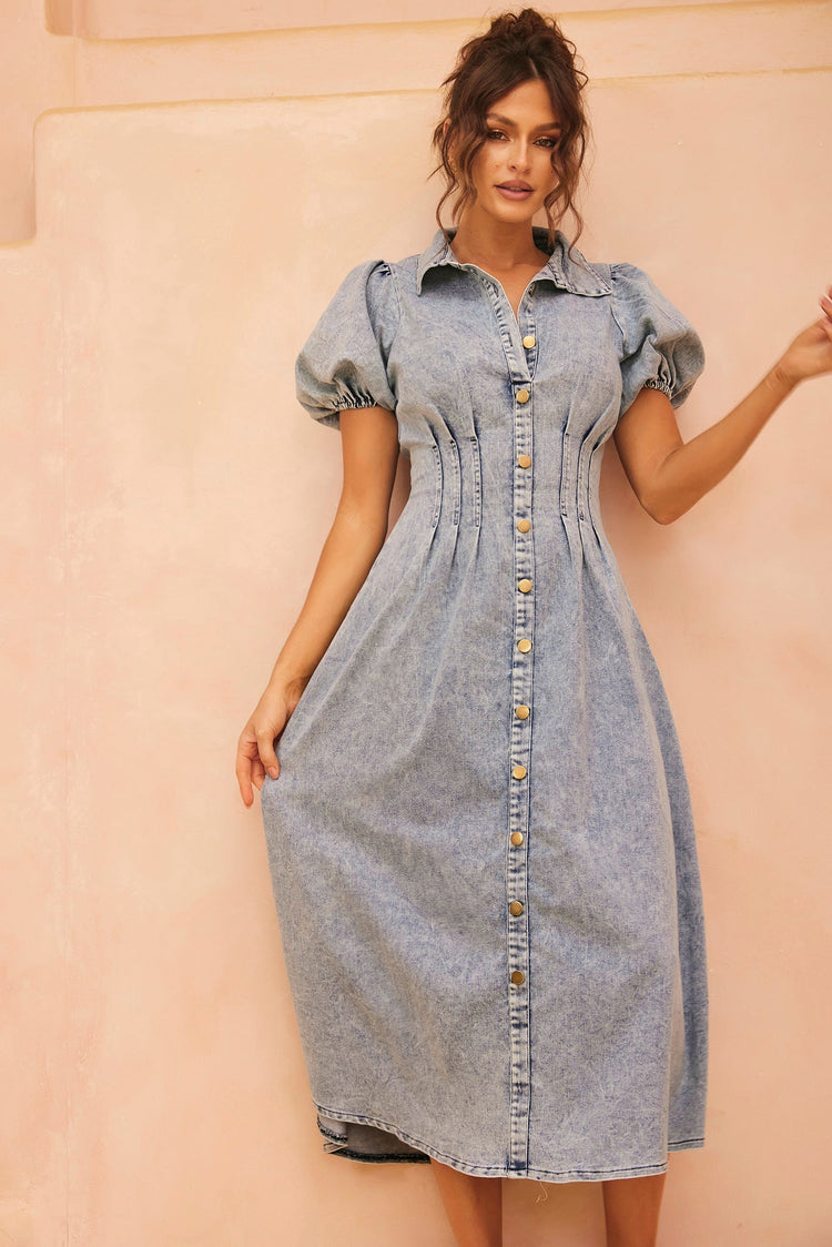 Amber Denim Midi Dress - Washed Blue | Sage and Paige AUS.