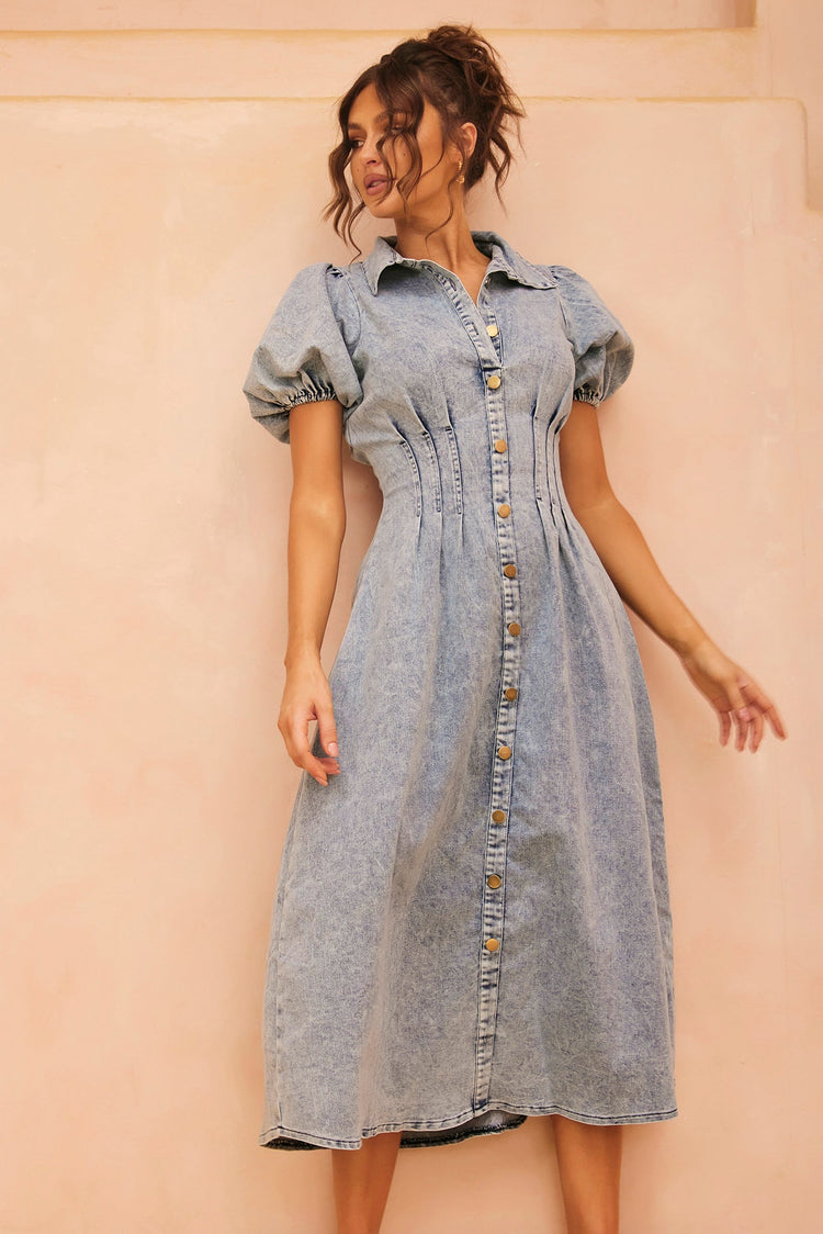 Amber Denim Midi Dress - Washed Blue | Sage and Paige AUS.