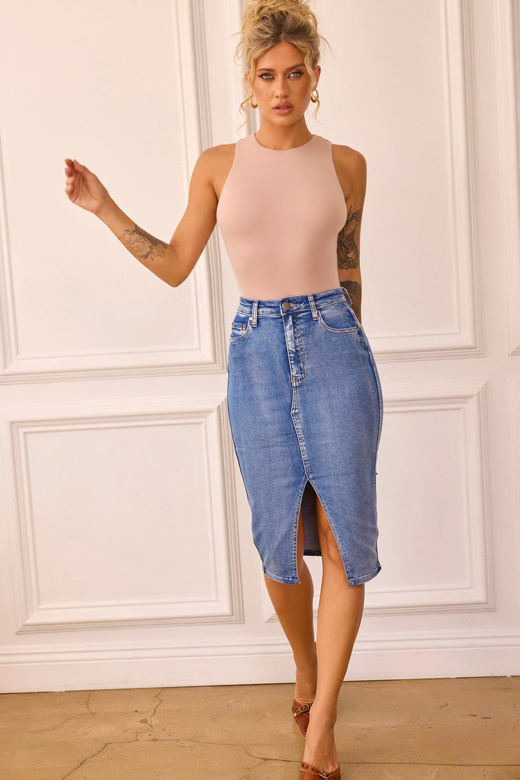 Midnight Sun Denim Midi Skirt - Blue | Sage and Paige AUS.