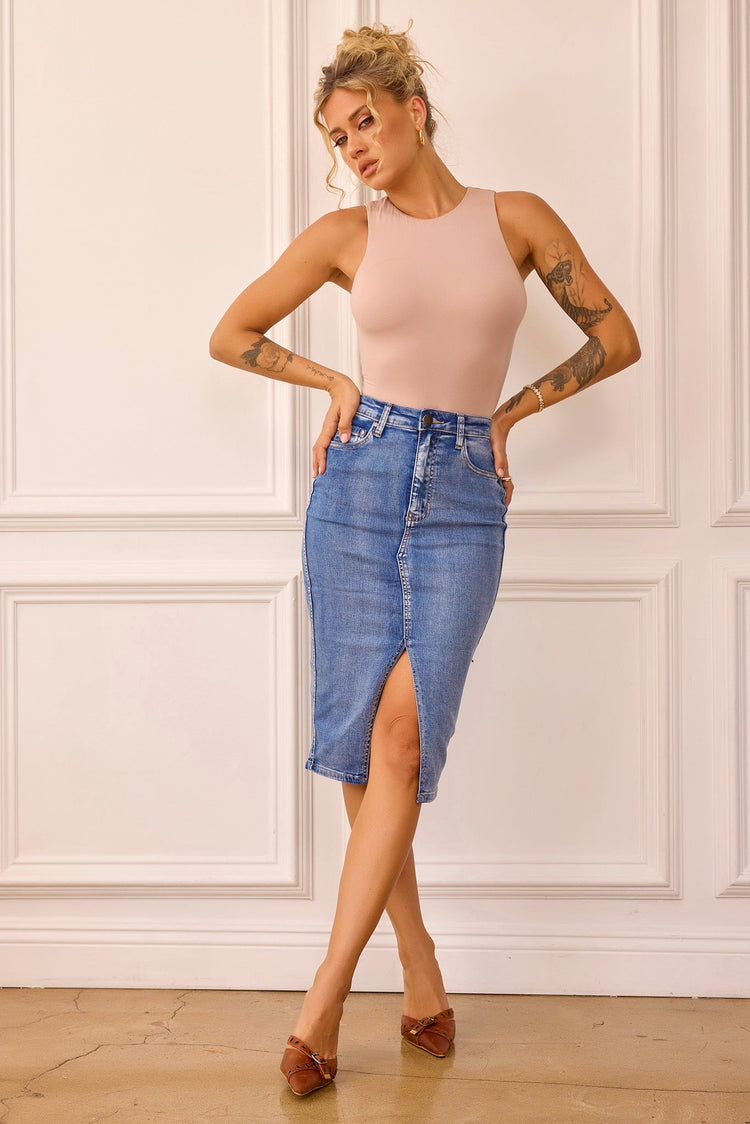 Midnight Sun Denim Midi Skirt - Blue | Sage and Paige AUS.