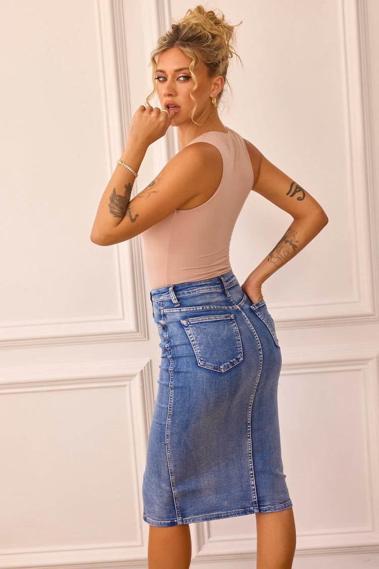Midnight Sun Denim Midi Skirt - Blue | Sage and Paige AUS.