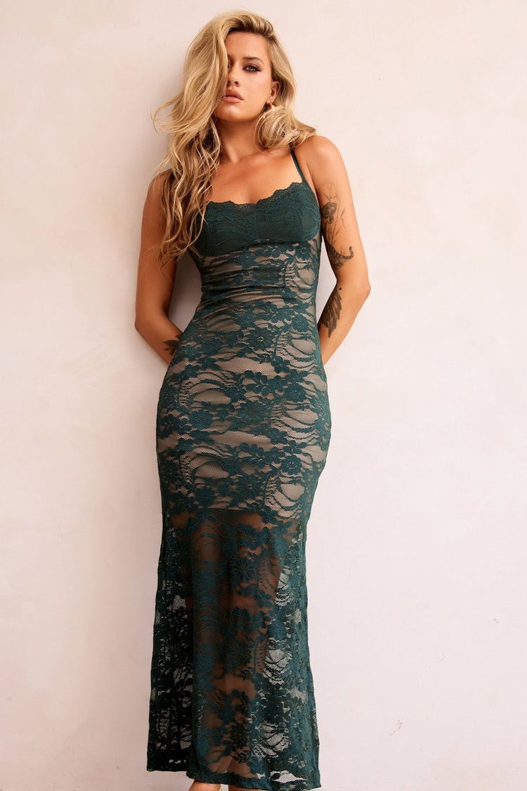 Feel It Still Lace Midi Dress - Forest Green | Sage and Paige AUS.