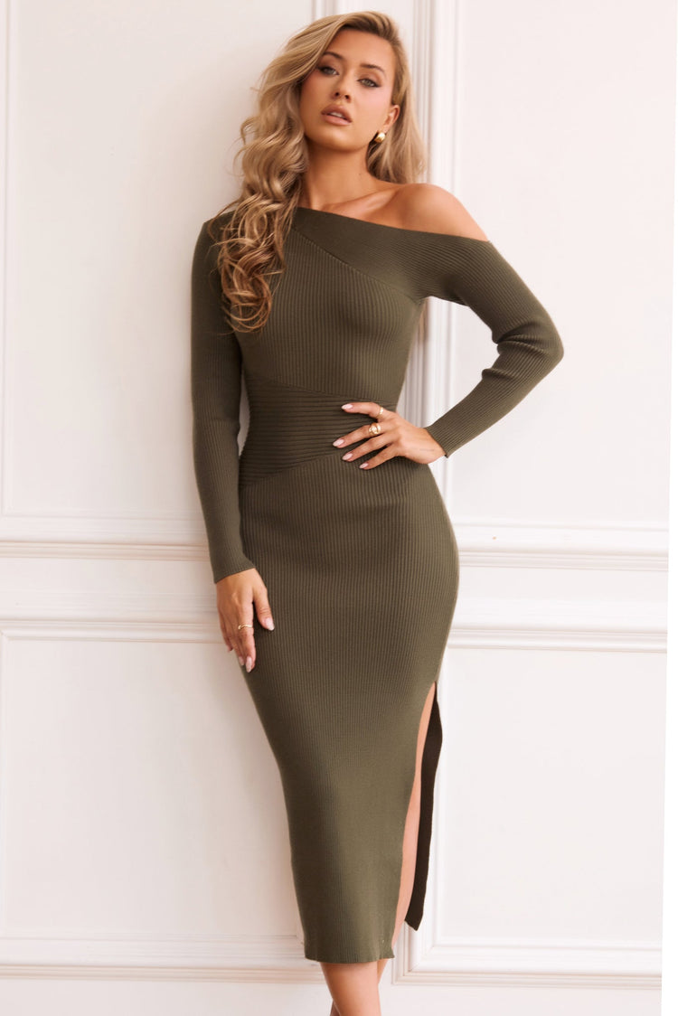 Lacy Knit Midi Dress - Olive | Sage and Paige AUS.